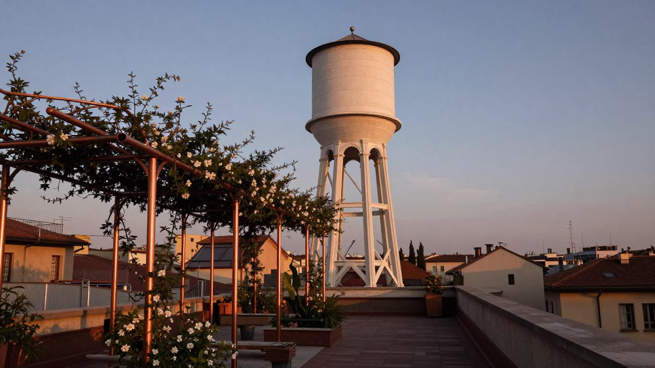 Milan Italy Copper Dusk Rooftop Water Tower Jasmine Trellis Street Scene in in Milan, Italy