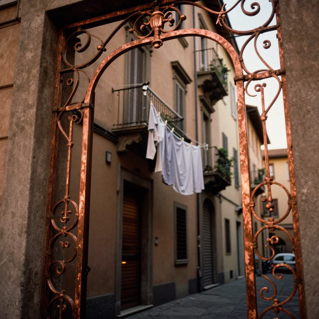 Milan Italy Copper Dusk Street Scene Laundry Pins Doorframe and Urban Life in in Milan, Italy