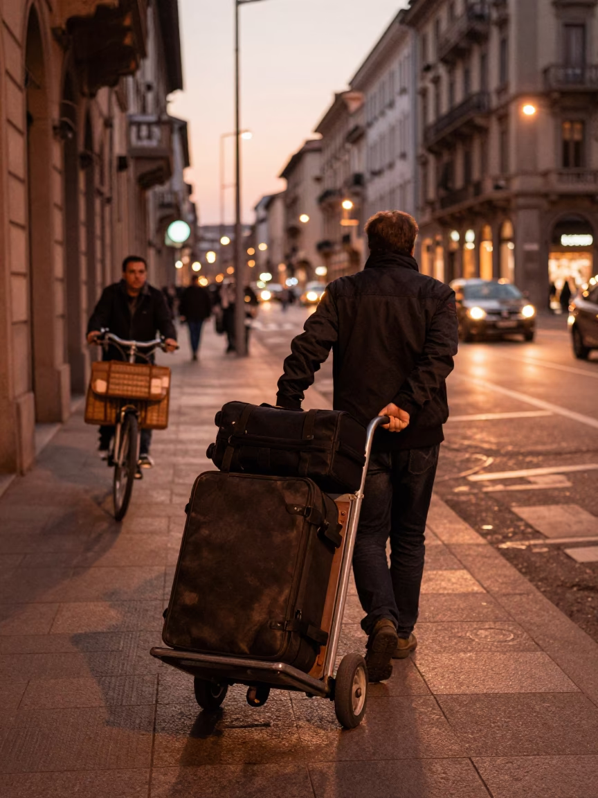 Milan Italy Copper Dusk Street Scene with Bicycle and Luggage Cart in in Milan, Italy