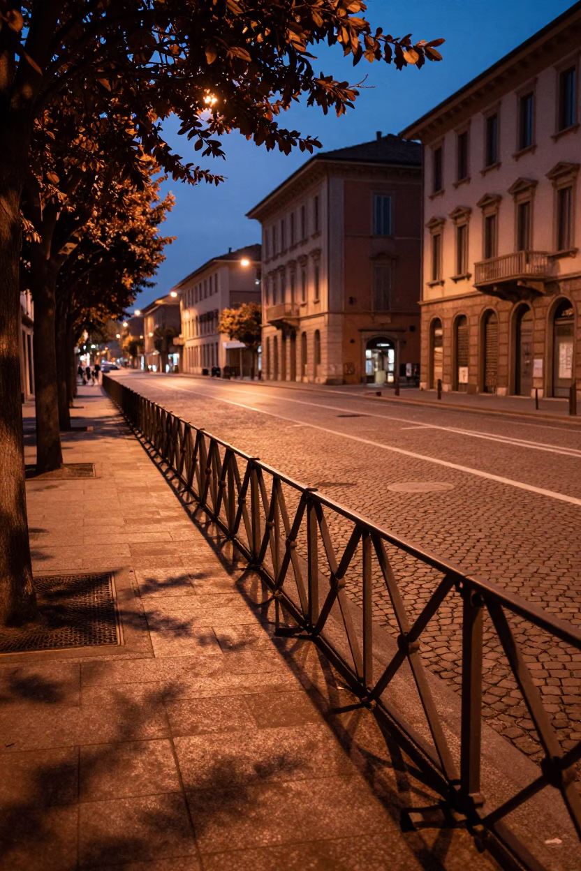 Milan Italy Copper Dusk Street Scene with Leaf Shadows and Local Details in in Milan, Italy