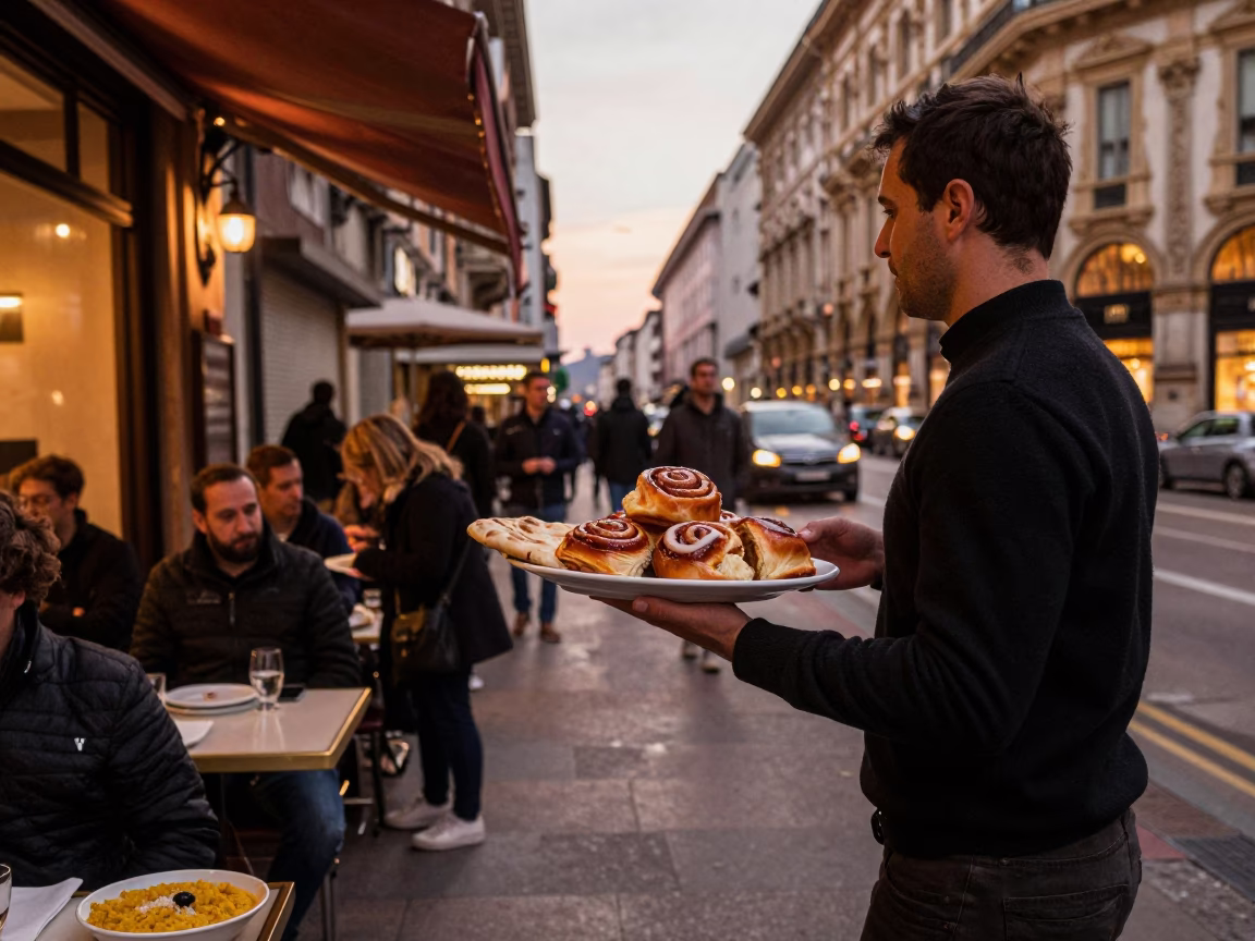 Milan Italy Copper Dusk Street Scene with Local Dining and Urban Elements in in Milan, Italy