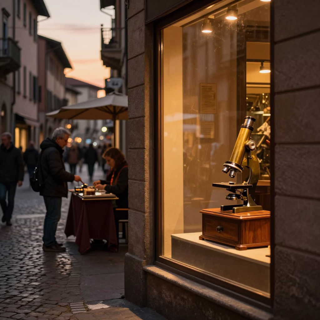 Milan Italy copper dusk street scene with local vendor and antique brass microscope in in Milan, Italy