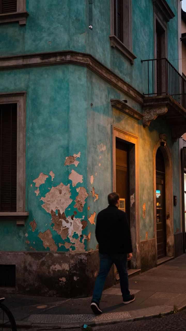 Milan Italy Copper Dusk Street Scene with Peeling Turquoise Paint and Tailor Shears in in Milan, Italy