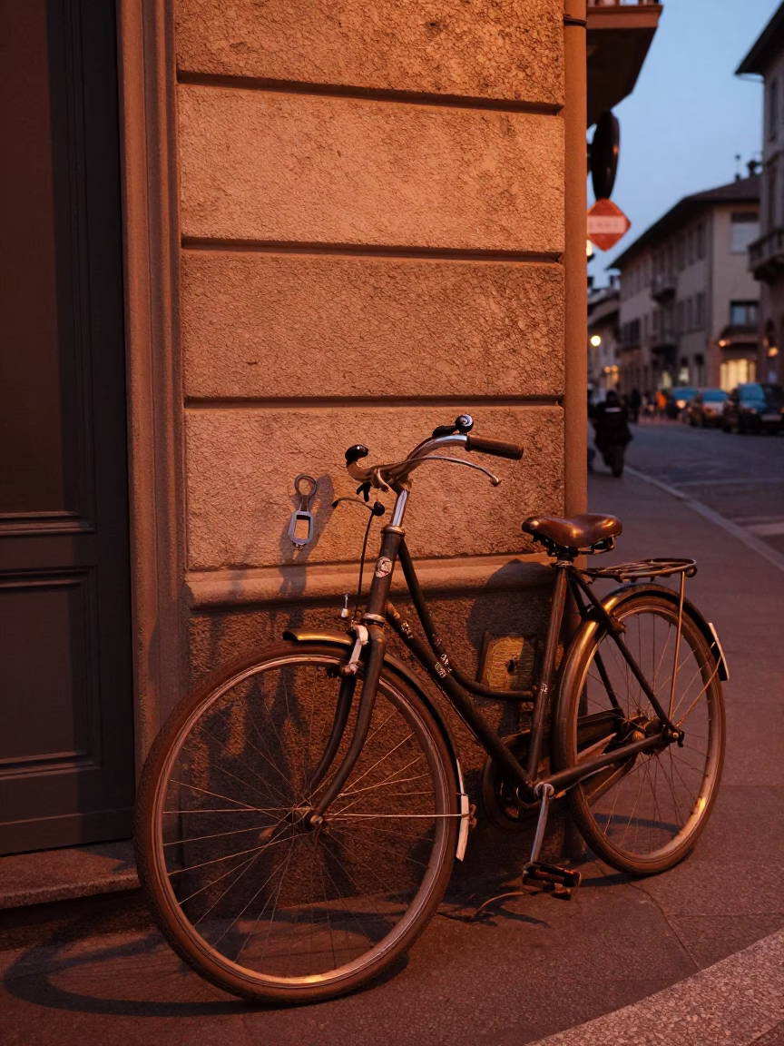 Milan Italy Copper Dusk Street Scene with Vintage Bicycle and Architectural Details in in Milan, Italy