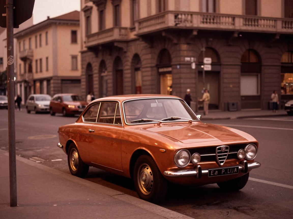 Milan Italy Copper Dusk Street Scene with Vintage Car and Pomegranate Tree in in Milan, Italy