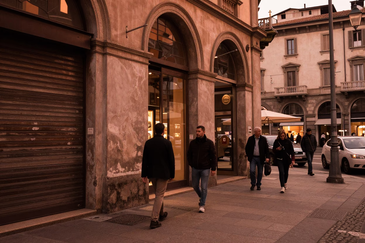 Milan Italy Copper Dusk Street Scene with Vintage Details and Local Life in in Milan, Italy