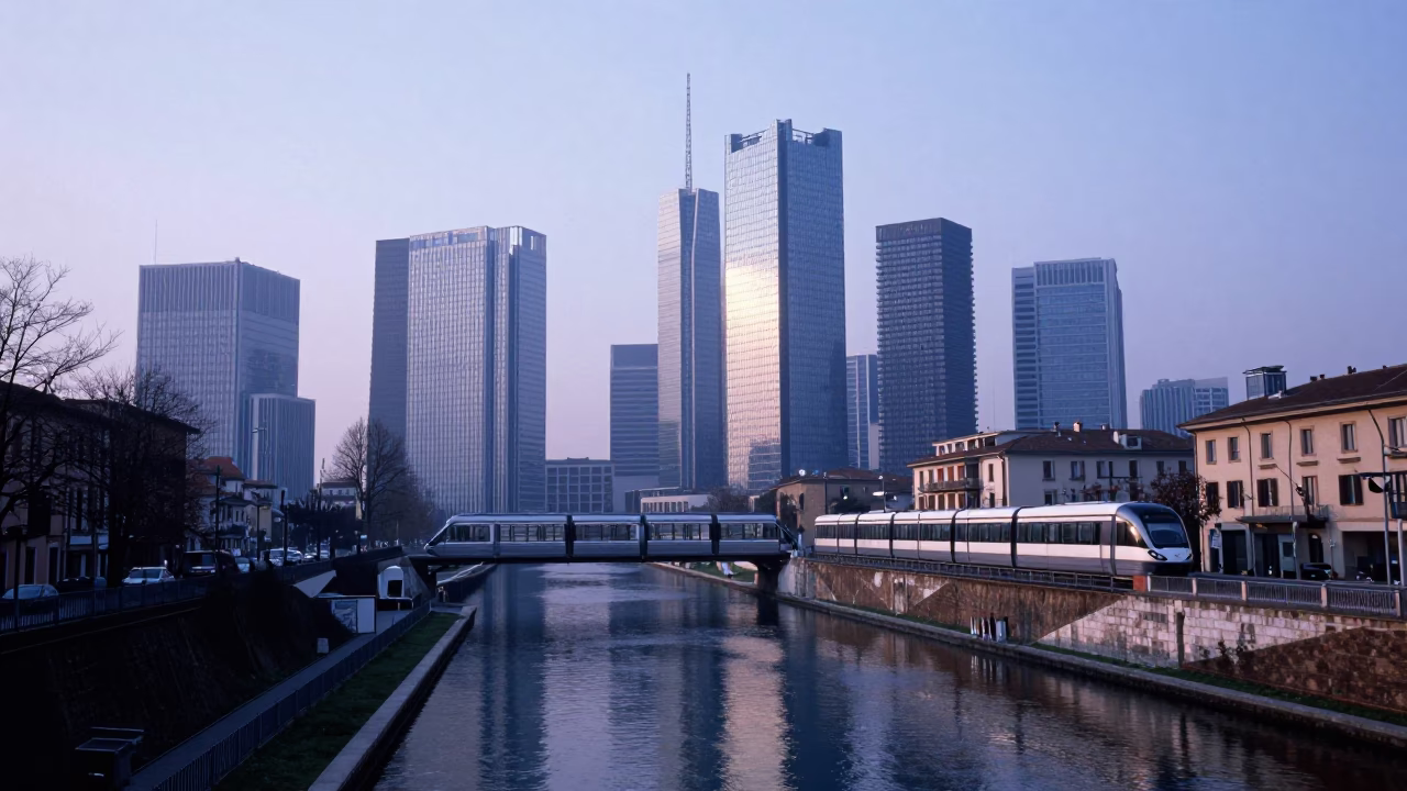 Milan Italy Dawn Skyline View of Navigli Canal and Glass Towers with Monorail in in Milan, Italy
