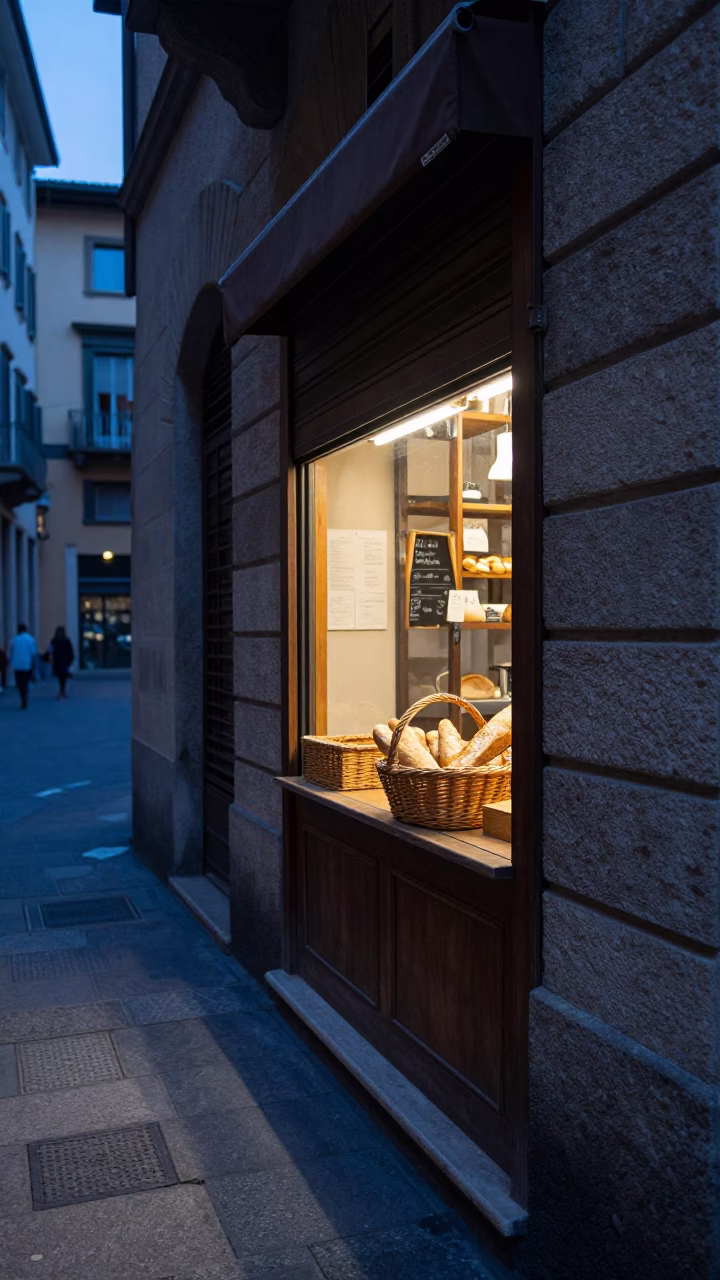Milan Italy Dawn Street Corner with Woven Bread Basket and Door Latch in in Milan, Italy