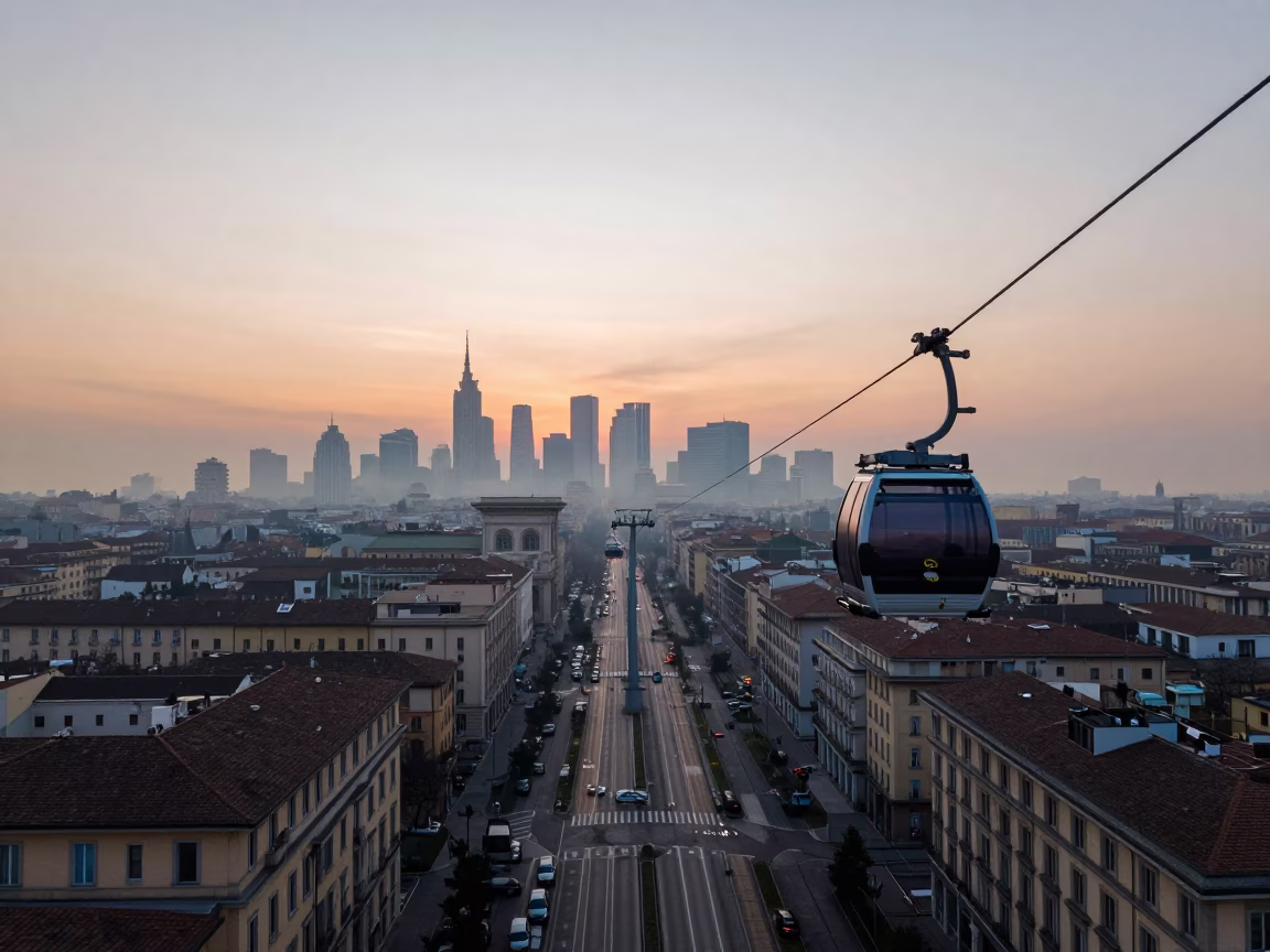 Milan Italy Dawn Street Scene with Aerial Tramway Gondola and Morning Fog in in Milan, Italy