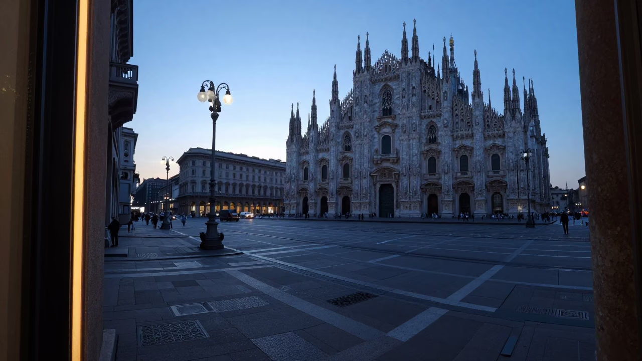 Milan Italy Dawn Street Scene with Sun Stripe on Doorframe Before Sunrise in in Milan, Italy