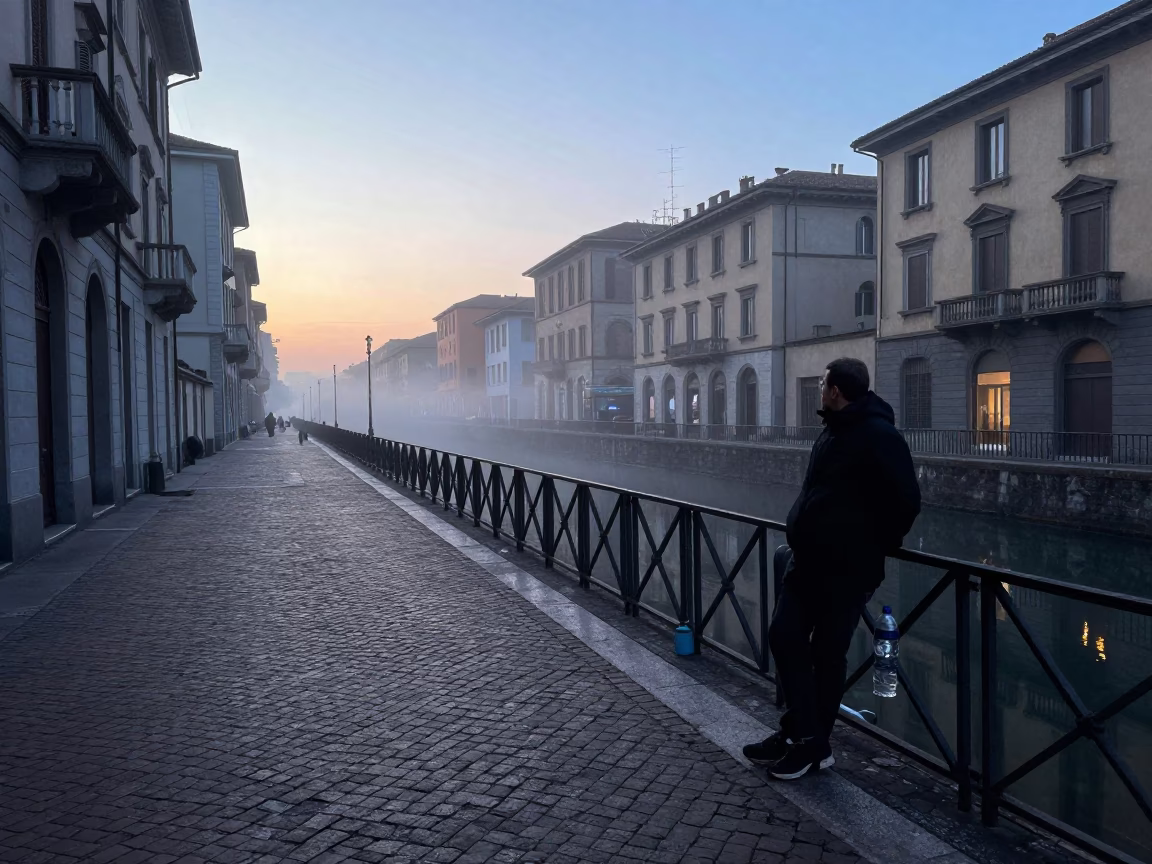 Milan Italy Dawn Street Scene with Water Bottle and Urban Architecture in in Milan, Italy