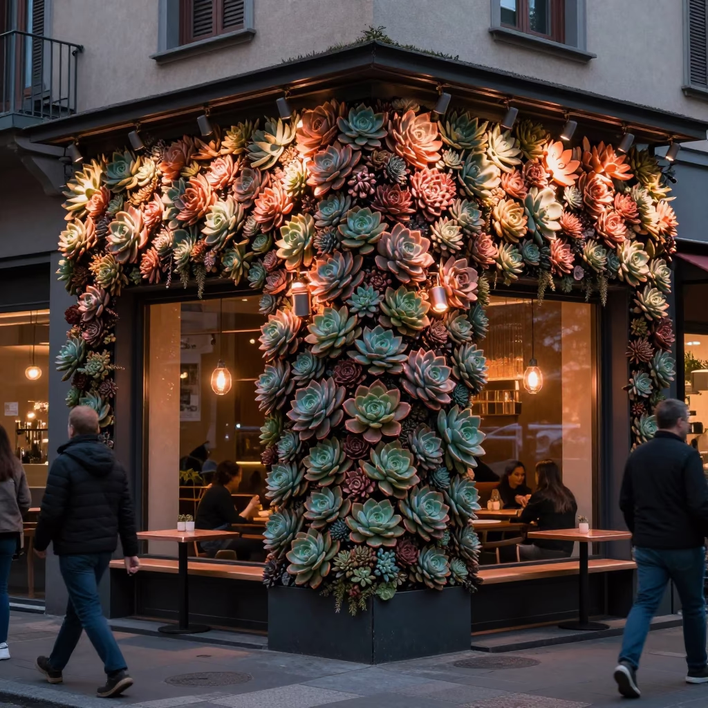 Milan Italy Dusk Living Wall Succulents Cafe Exterior Copper Light in in Milan, Italy