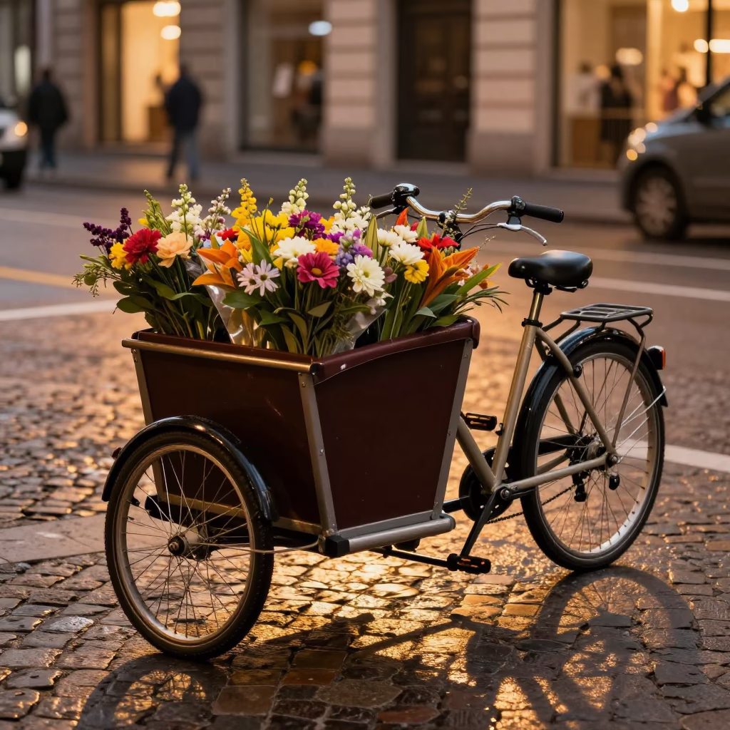 Milan Italy Dusk Street Scene with Cargo Bicycle and Flowers in in Milan, Italy