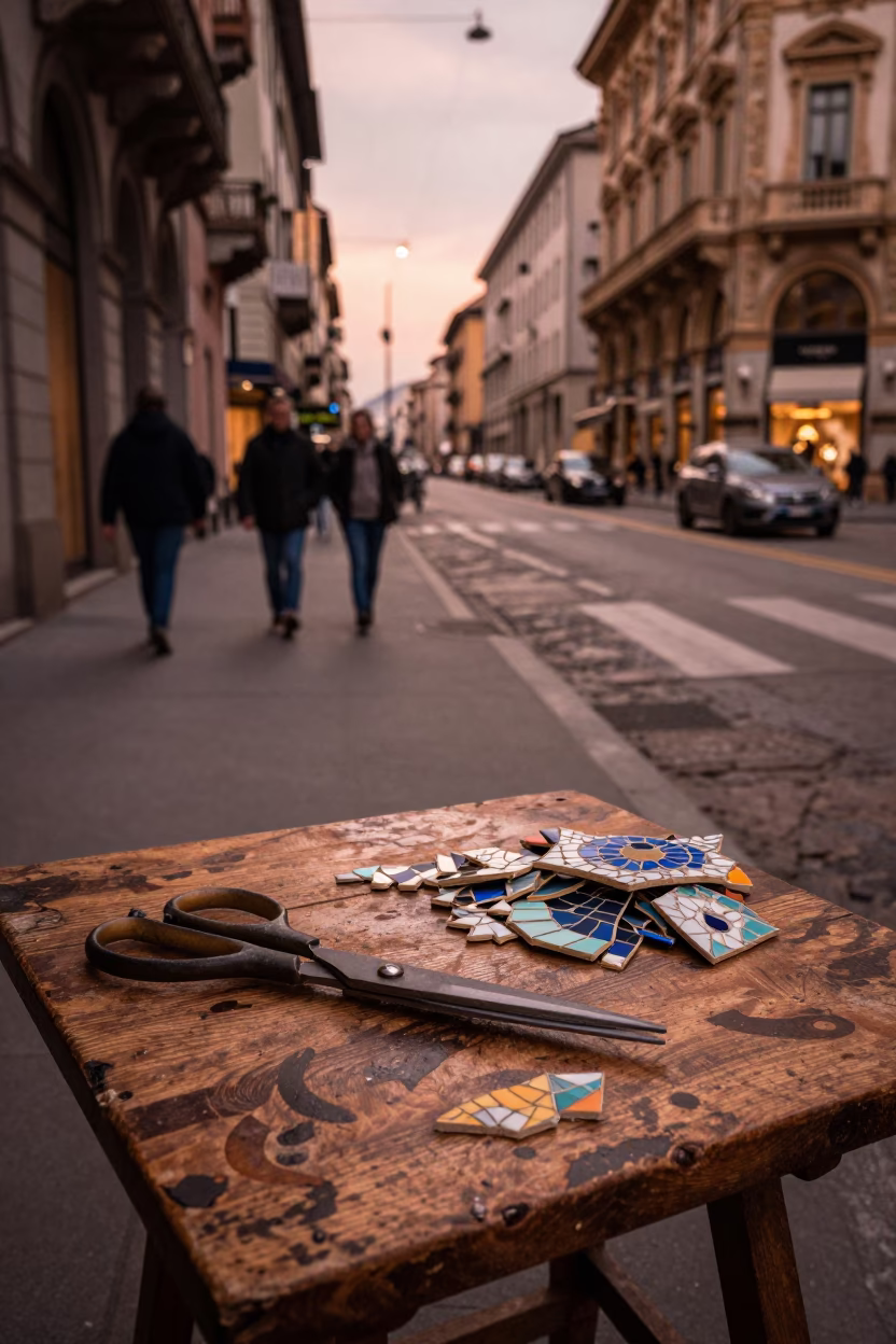 Milan Italy Dusk Street Scene with Mosaic Tile Fragments and Tailor Shears in in Milan, Italy