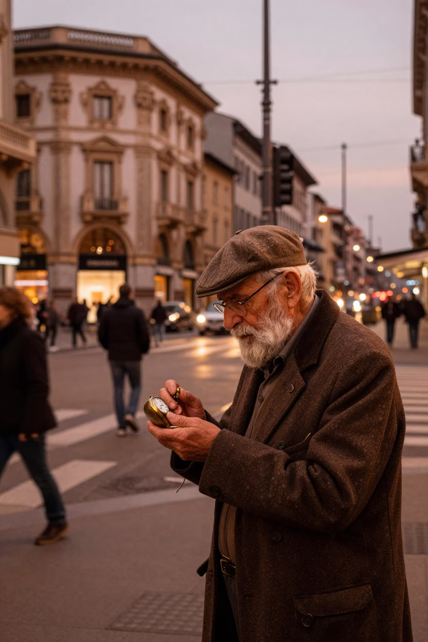 Milan Italy Dusk Street Scene with Retired Astronomer and Vintage Pocket Watch in in Milan, Italy