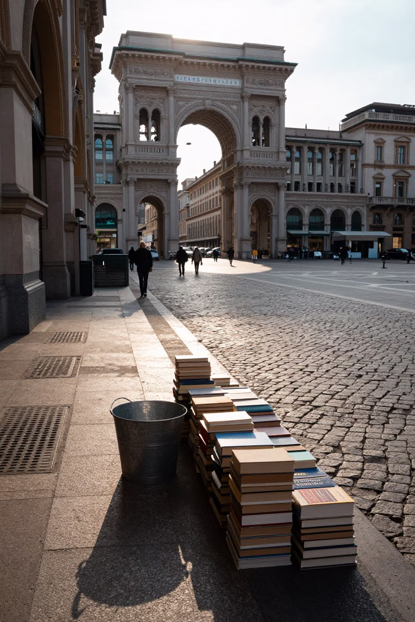 Milan Italy Early Afternoon Street Scene with Books and Metal Bucket in in Milan, Italy
