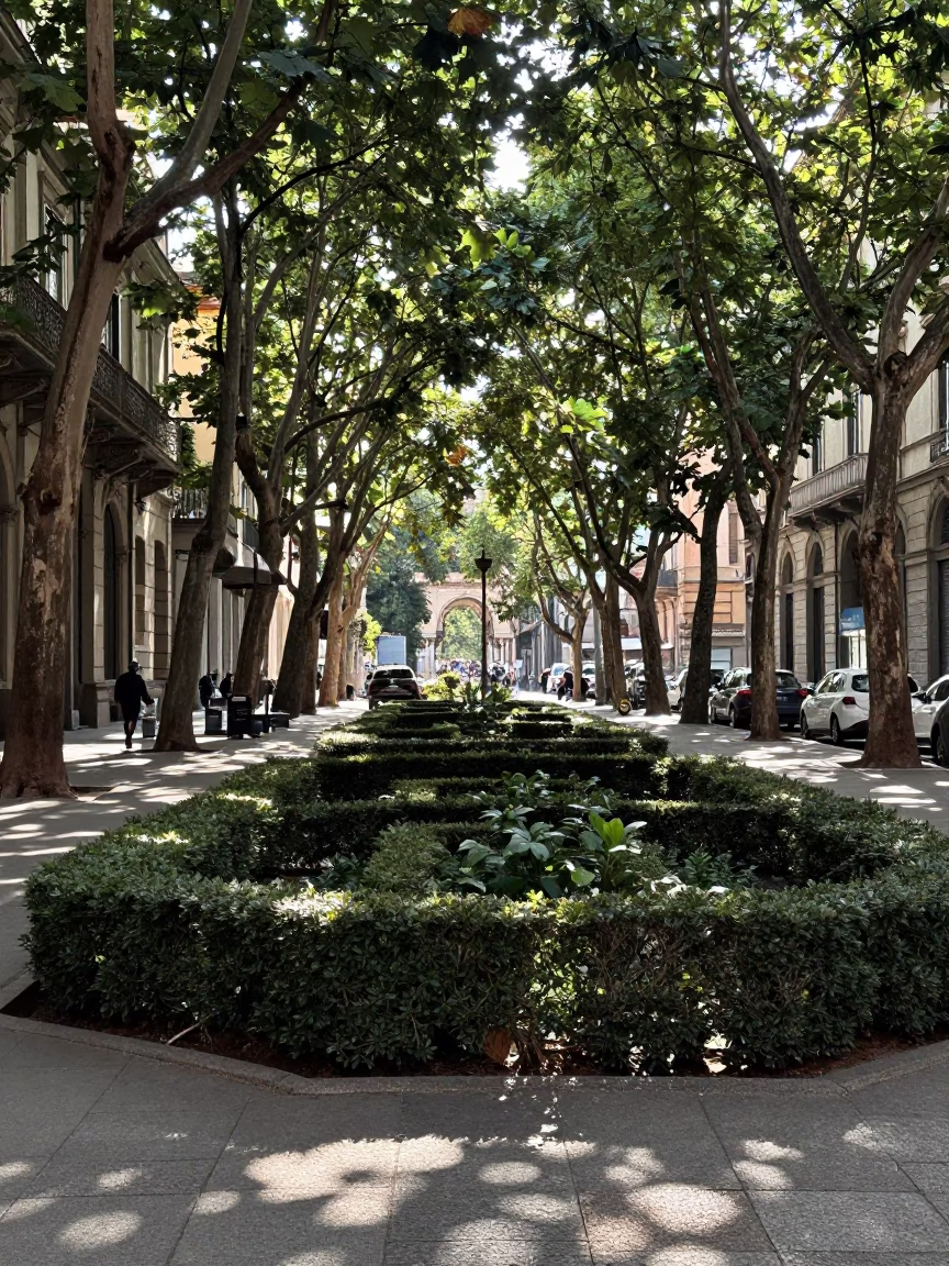 Milan Italy Early Afternoon Street Scene with Boxwood Hedges and Local Life in in Milan, Italy