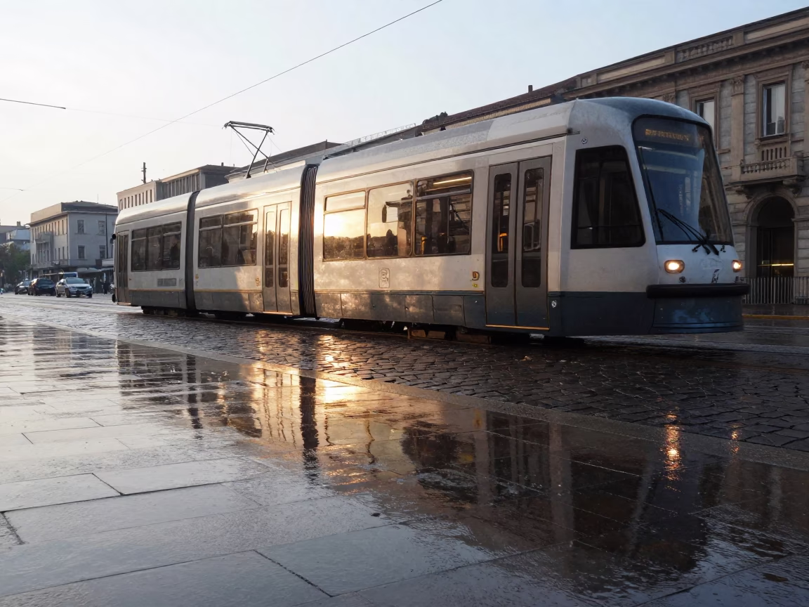 Milan Italy Early Afternoon Tramcar Reflection in Rain on Cobblestones in in Milan, Italy