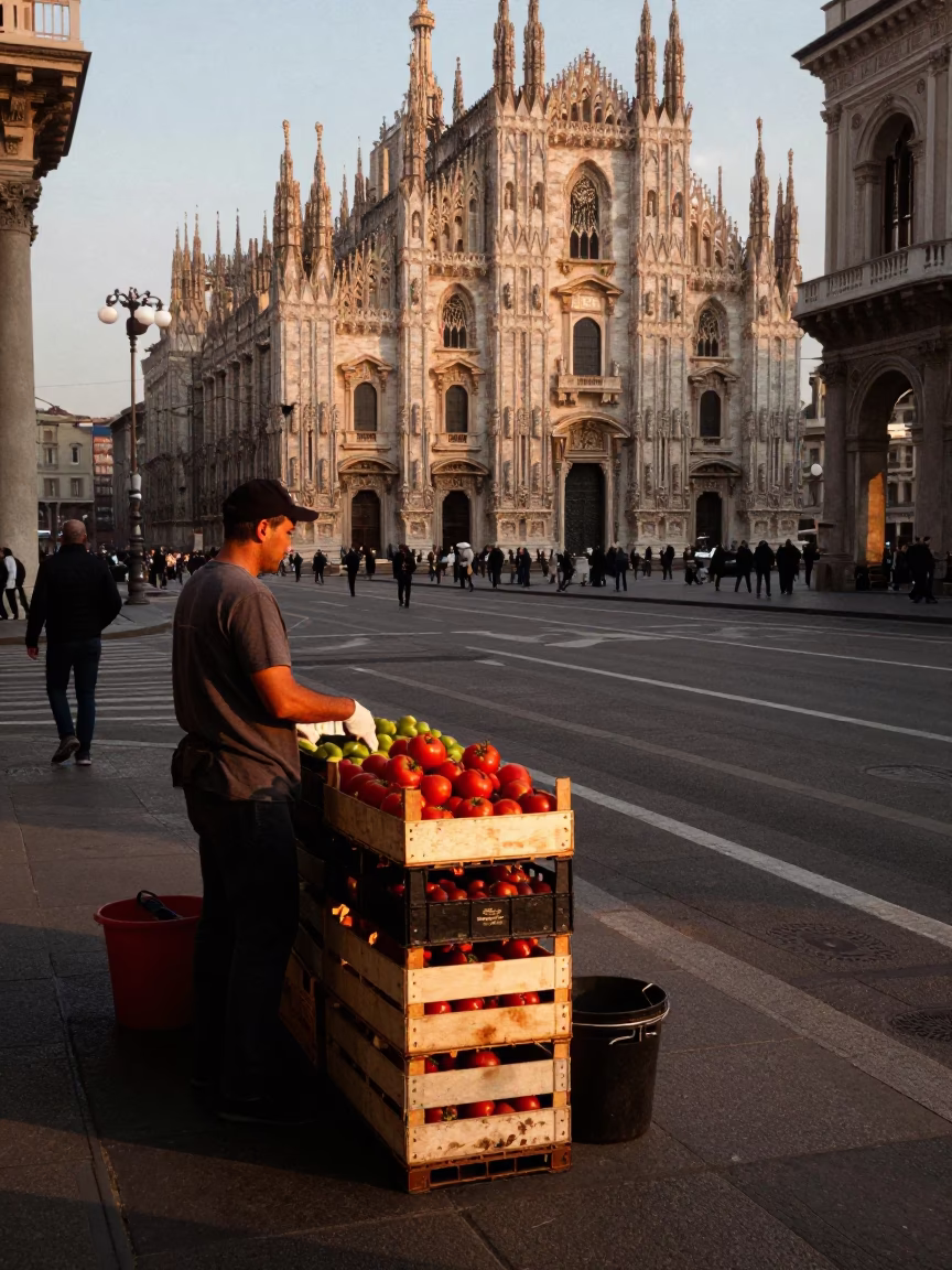 Milan Italy Early Evening Street Scene with Fruit Crate and Picnic Blanket in in Milan, Italy