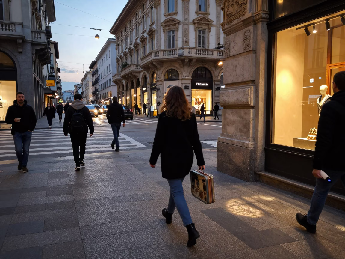 Milan Italy Early Evening Street Scene with Pedestrians and Urban Details in in Milan, Italy