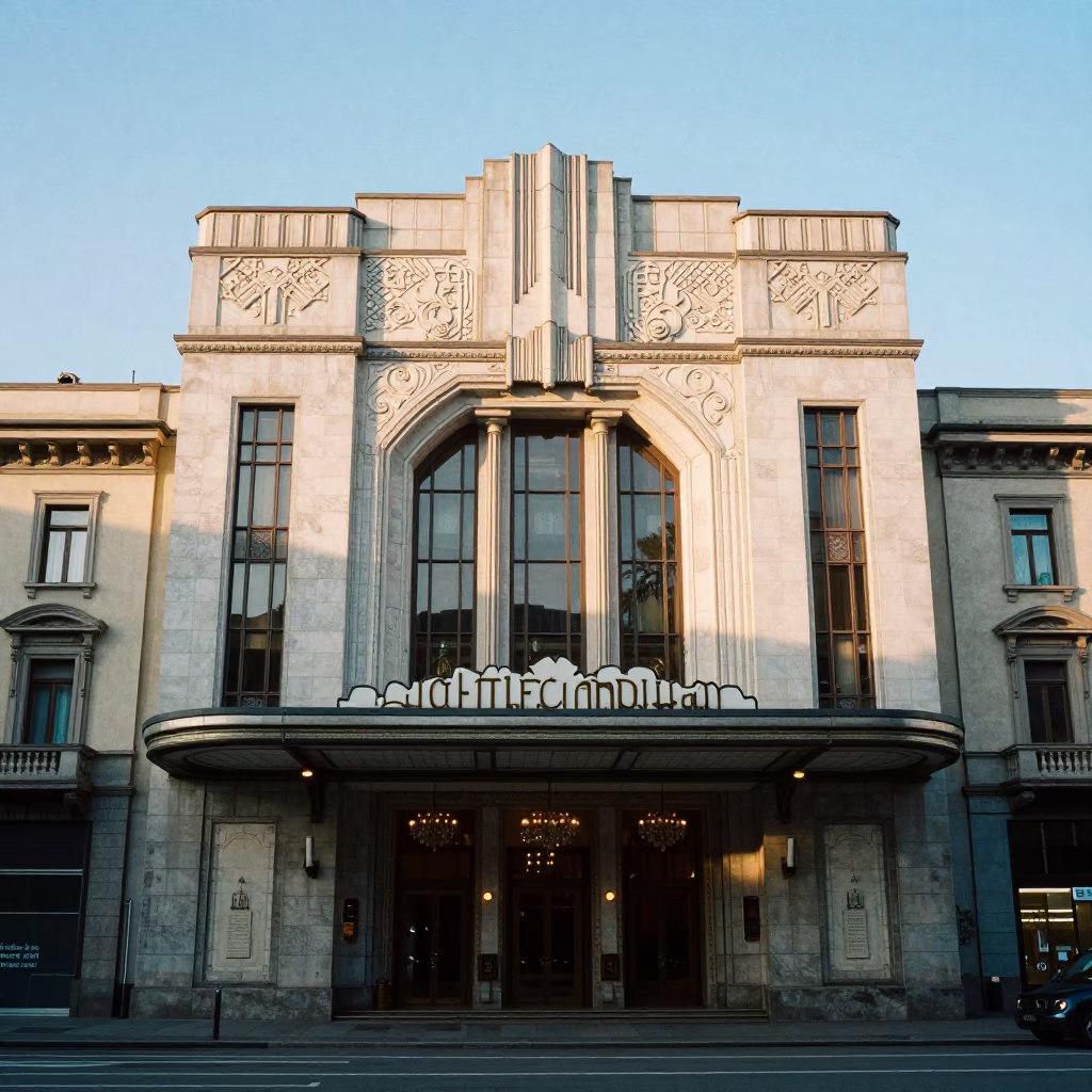 Milan Italy Early Morning Art Deco Cinema Facade and Street Life Snapshot in in Milan, Italy