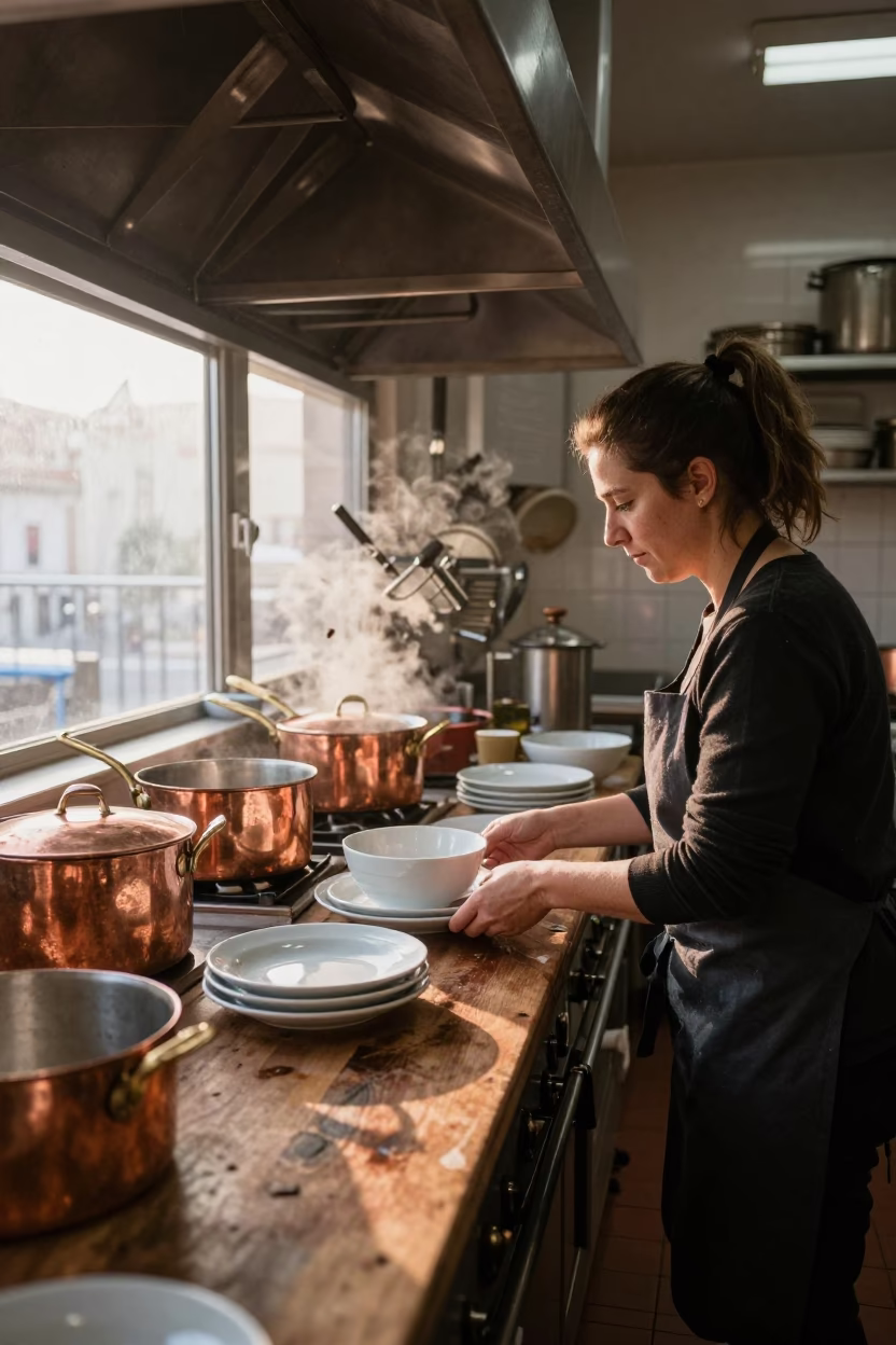 Milan Italy Early Morning Kitchen Scene Copper Pots and Serving Bowls in in Milan, Italy