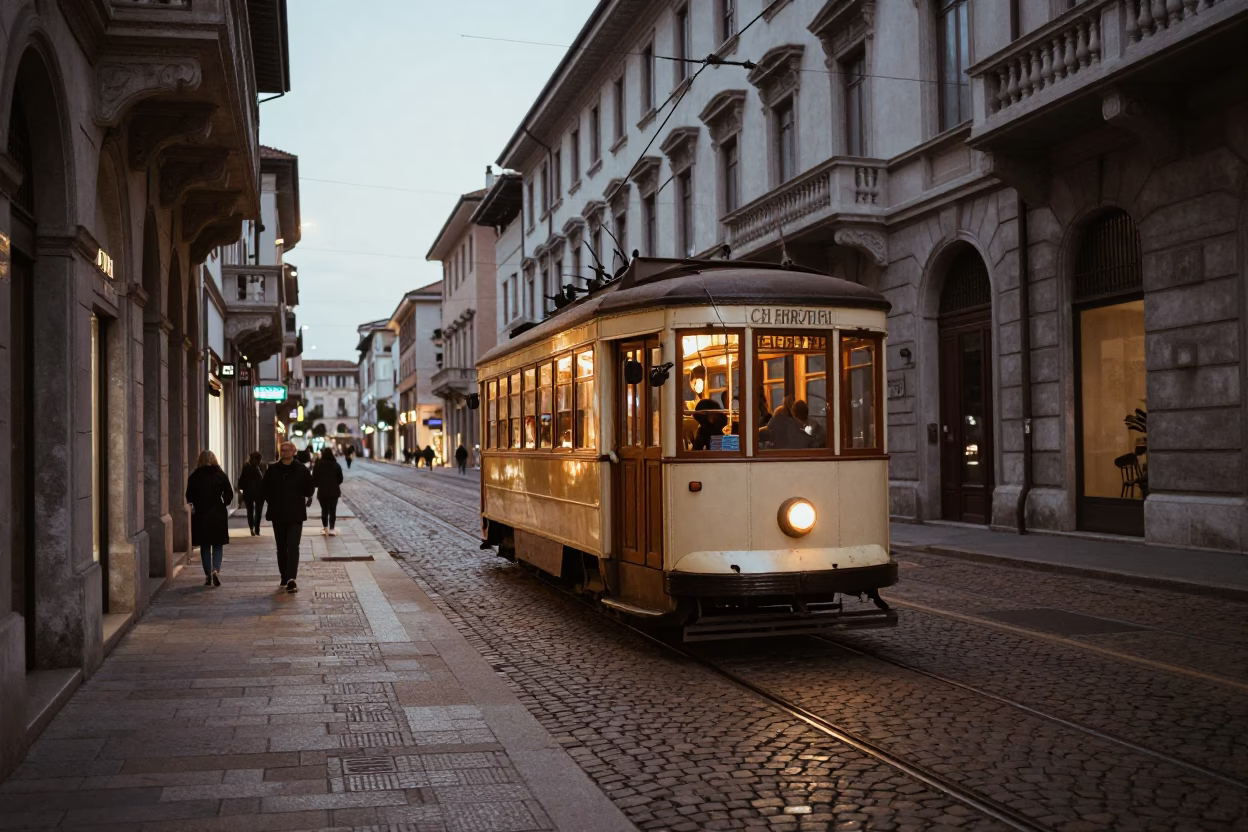 Milan Italy Evening Heritage Tram Cobblestone Street and Wicker Shadow on Plaster Wall in in Milan, Italy