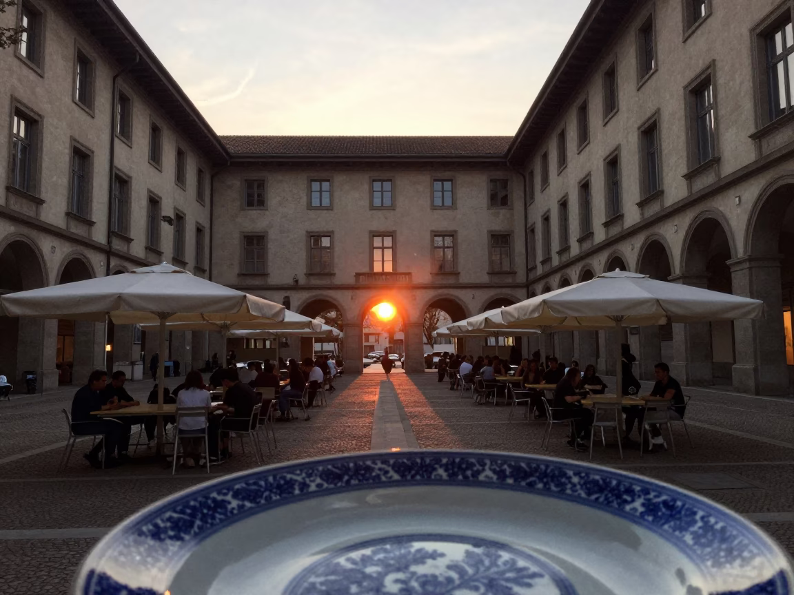 Milan Italy Evening Street Scene with Blue White Porcelain Plate and Umbrellas in in Milan, Italy