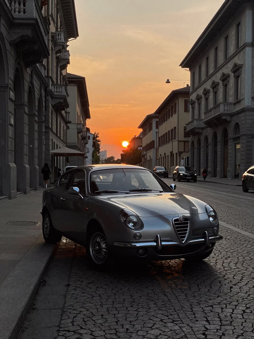 Milan Italy Evening Street Scene with Classic Car and Architecture in in Milan, Italy