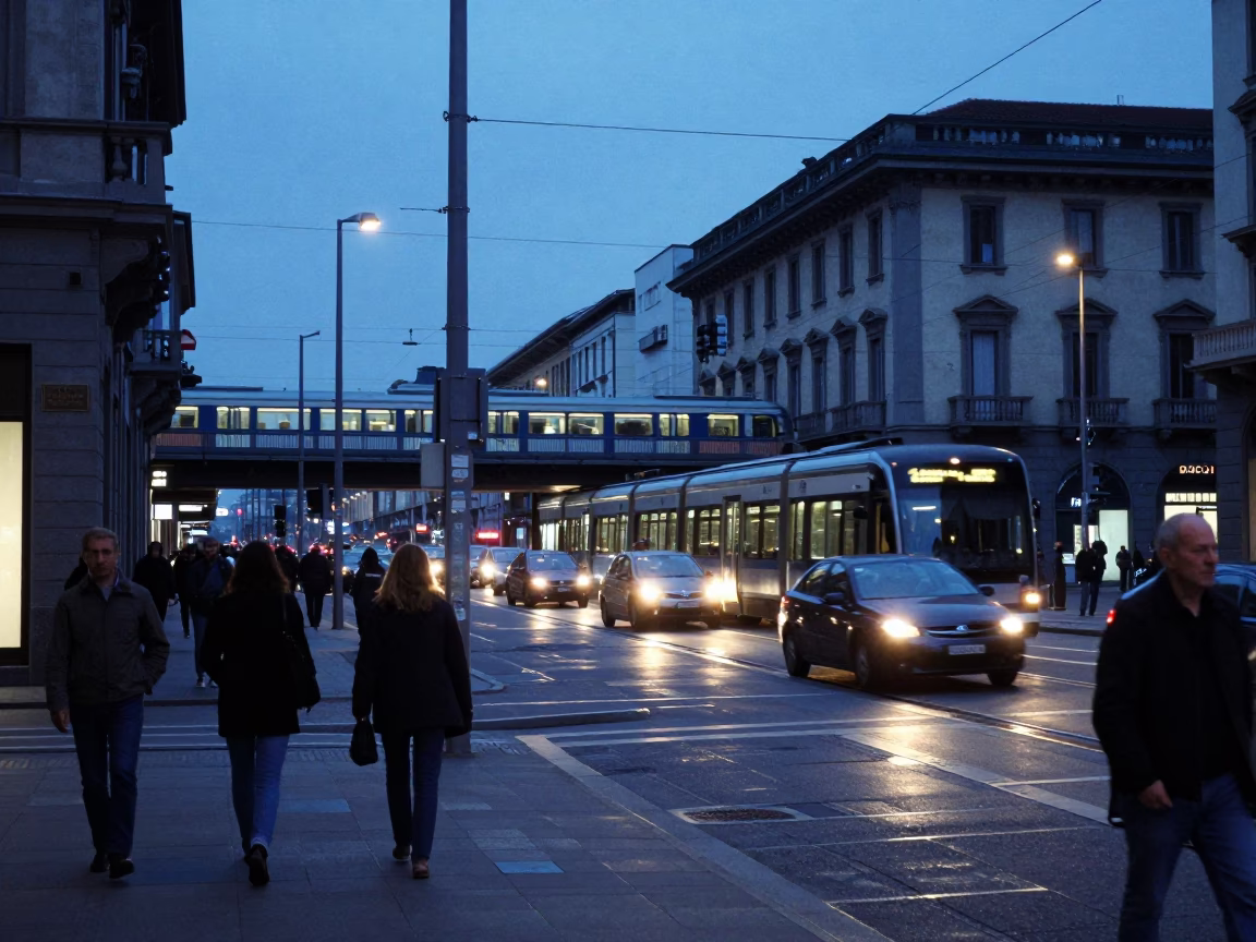 Milan Italy Evening Street Scene with Commuter Train Bridge Crossing Blue Hour in in Milan, Italy