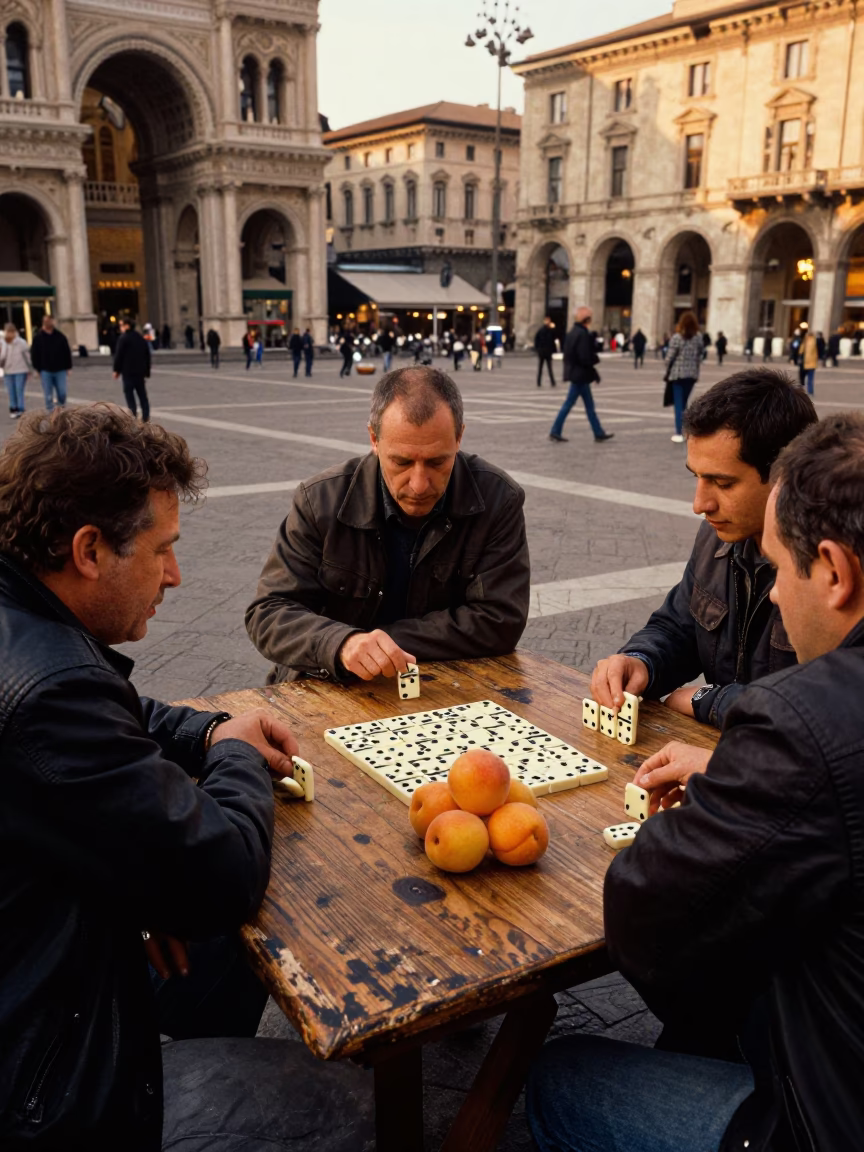Milan Italy Evening Street Scene with Dominoes and Apricots on Wooden Table in in Milan, Italy