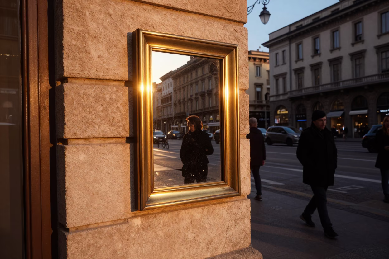 Milan Italy Evening Street Scene with Polished Brass Frame and Local Interaction in in Milan, Italy