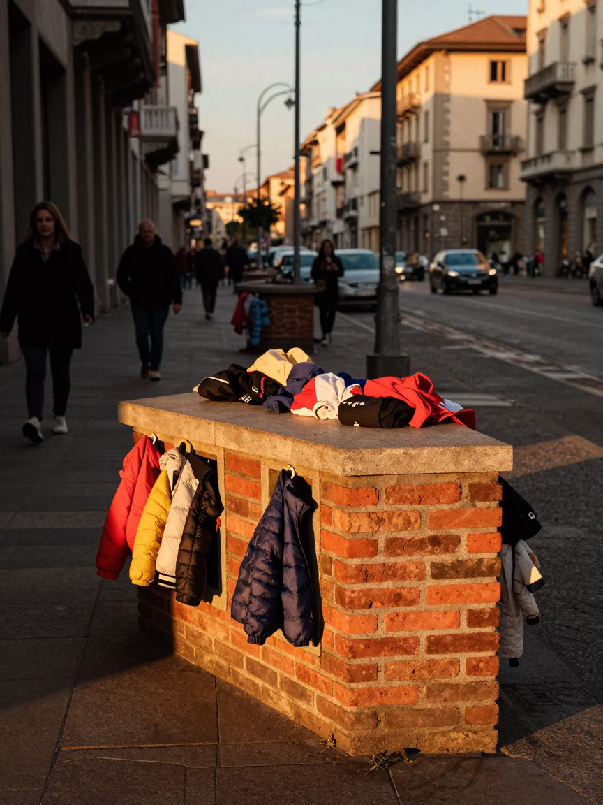 Milan Italy Evening Street Scene with Preschool Cubby Wall Jackets and Boots in in Milan, Italy