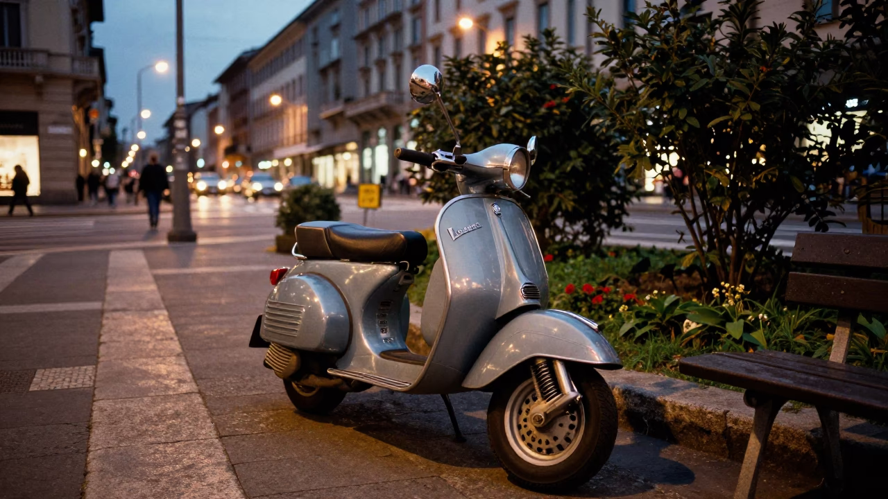 Milan Italy Evening Street Scene with Scooter and Garden Benches in in Milan, Italy
