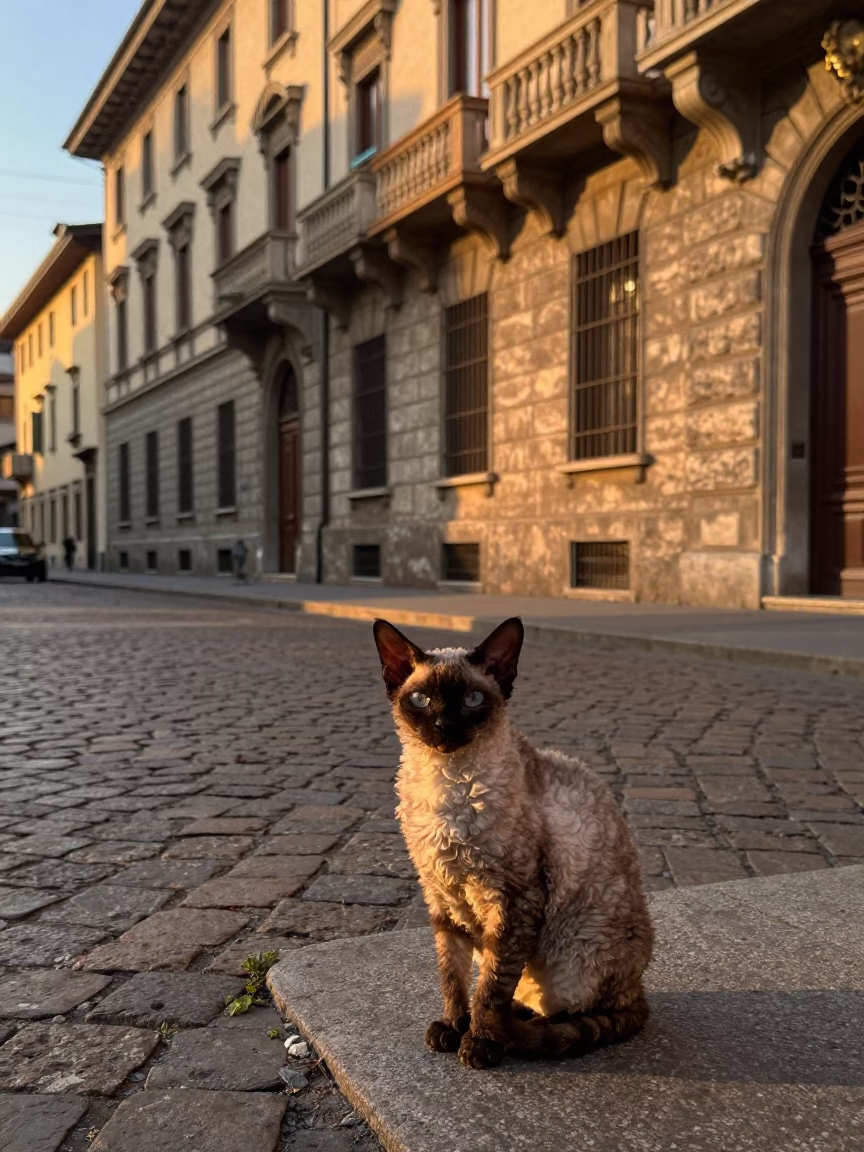 Milan Italy Evening Street Scene with Selkirk Rex Cat and Urban Life in in Milan, Italy