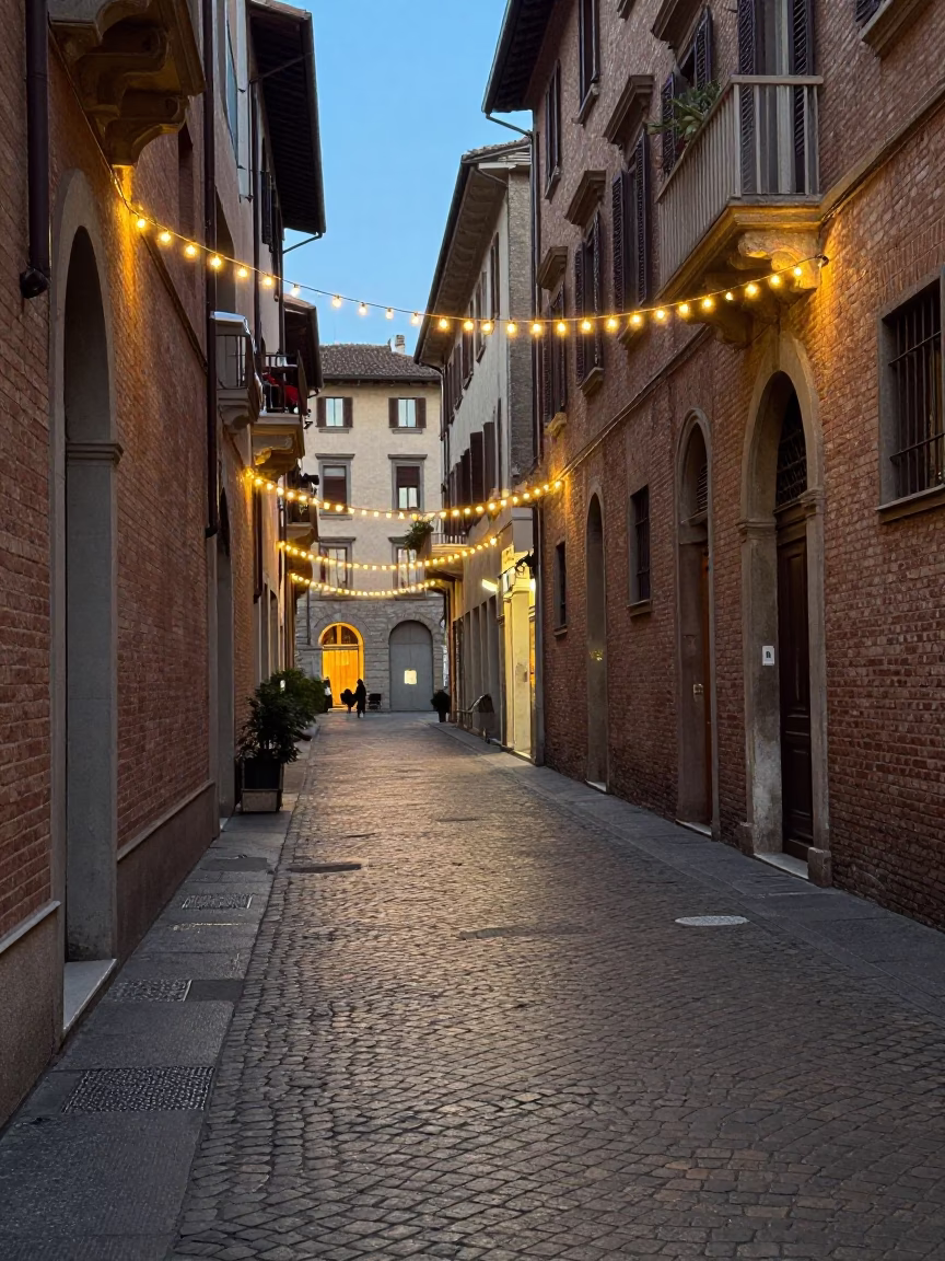 Milan Italy Evening Street Scene with String Lights and Vintage Majolica Plate Detail in in Milan, Italy
