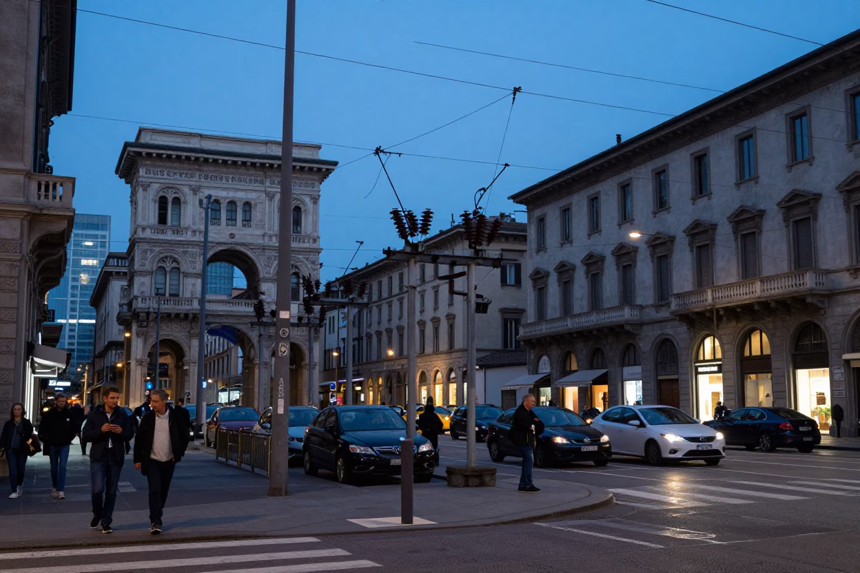 Milan Italy Evening Street Scene with Substation Insulators and Local Life in in Milan, Italy