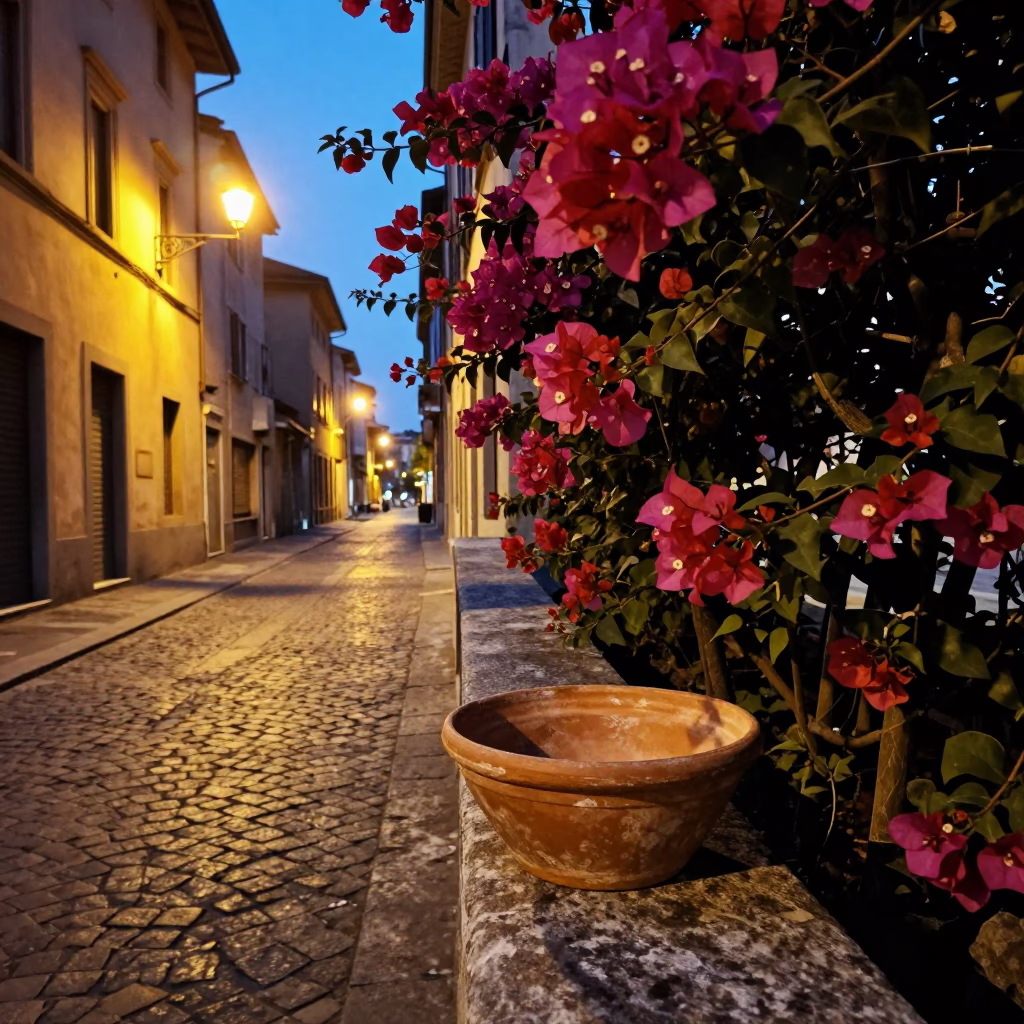 Milan Italy Evening Street Scene with Terracotta Bowl and Bougainvillea in in Milan, Italy