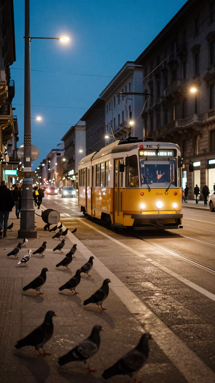 Milan Italy Evening Street Scene with Tram and Pigeons in Town Square in in Milan, Italy