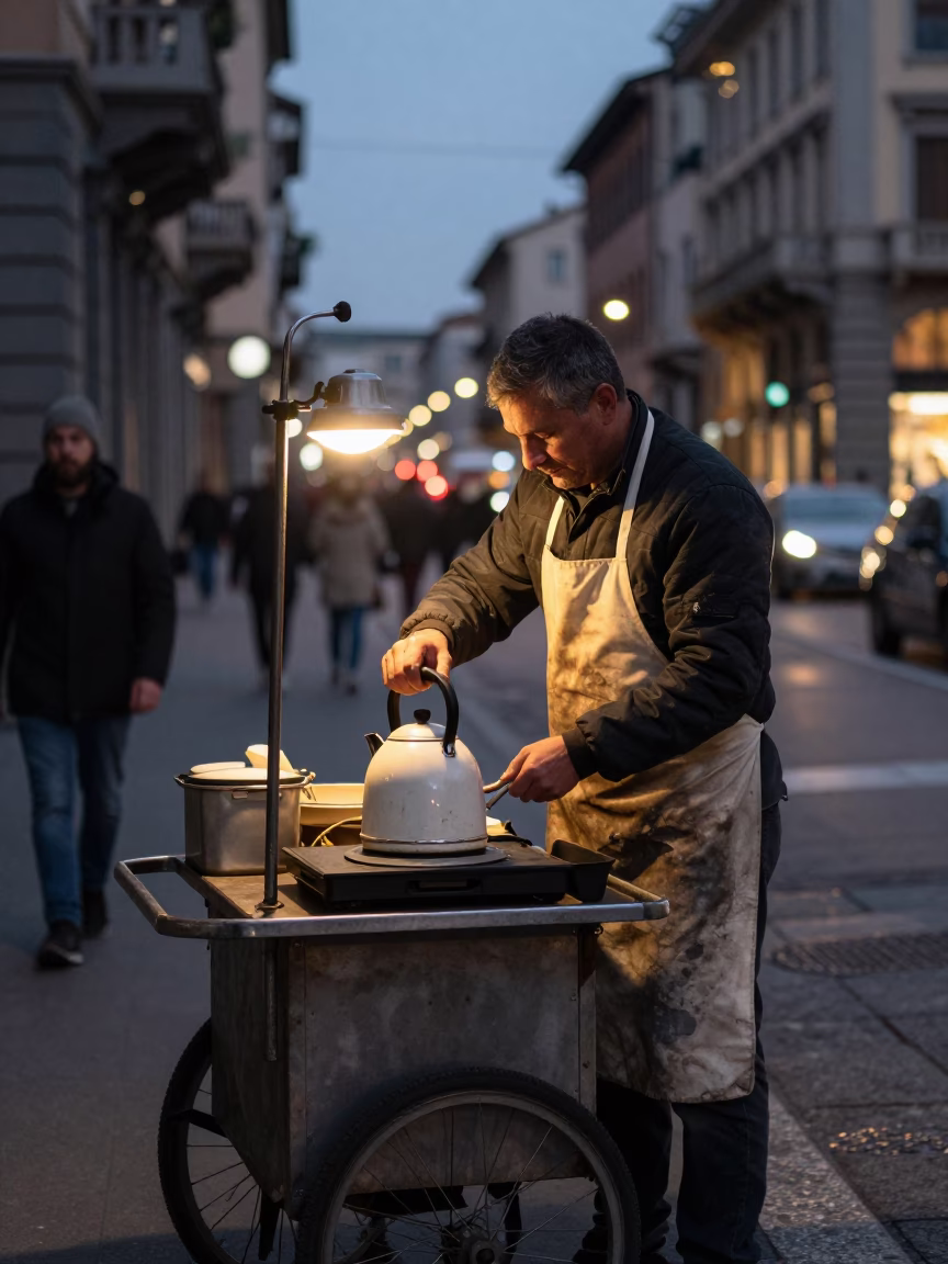 Milan Italy Evening Street Scene with Vintage Electric Kettle and Steam Haze in in Milan, Italy