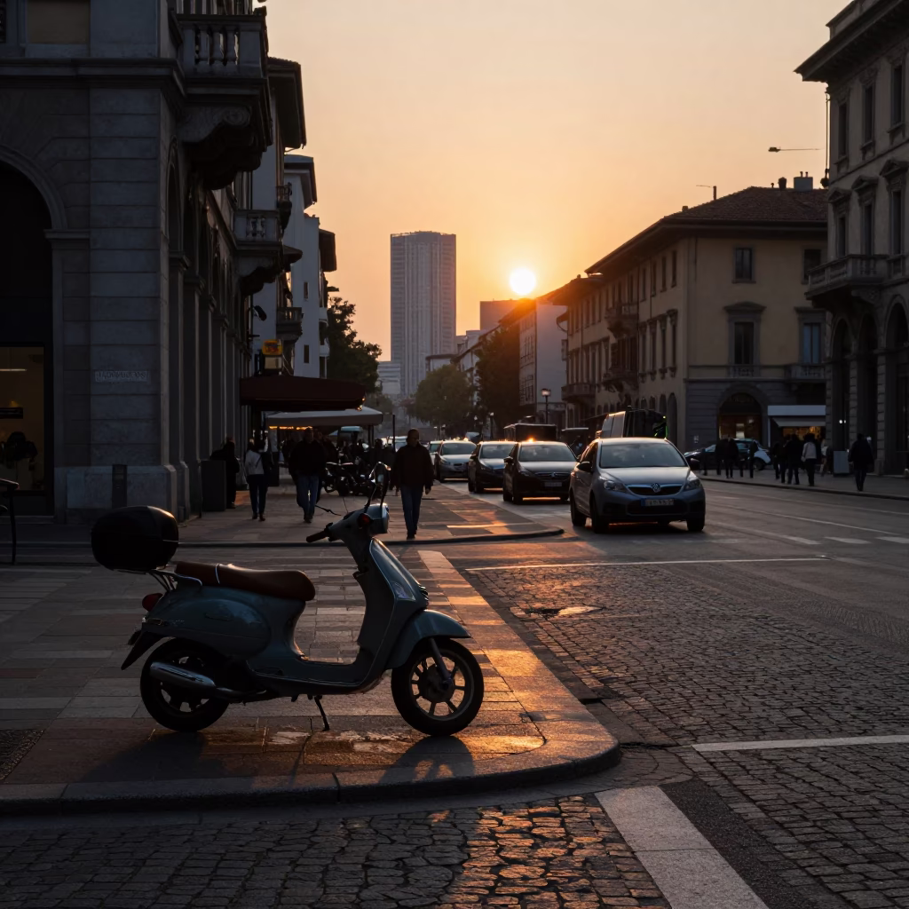 Milan Italy Evening Street Scene with Vintage Motorcycle and Local Market Activity in in Milan, Italy
