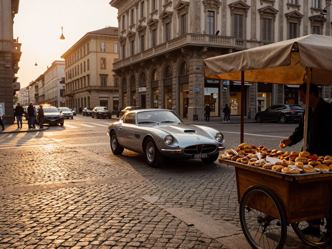 Milan Italy Evening Street Scene with Vintage Sports Car and Pastries Display in in Milan, Italy