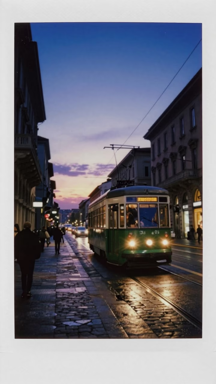 Milan Italy Evening Street Scene with Vintage Tram and Cobalt Twilight Sky in in Milan, Italy