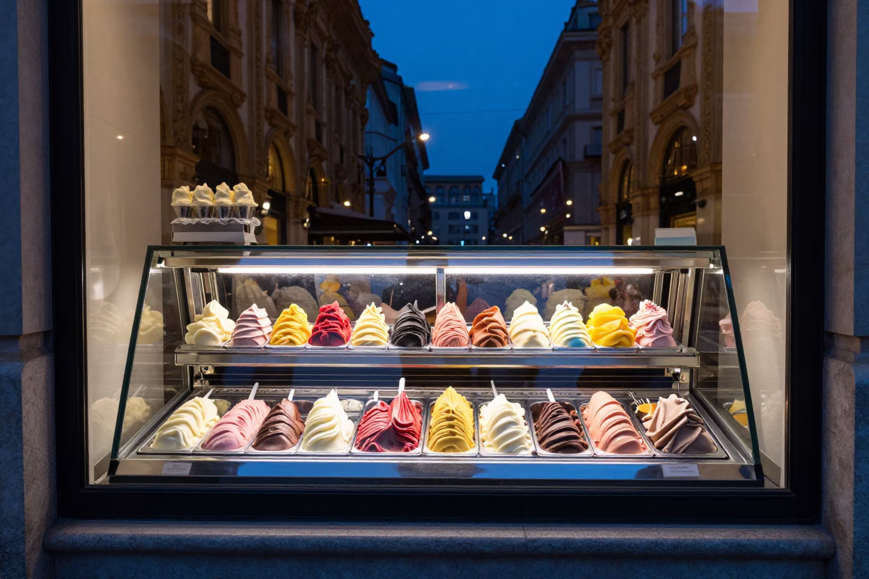 Milan Italy gelato shop window display glowing in blue hour twilight in in Milan, Italy