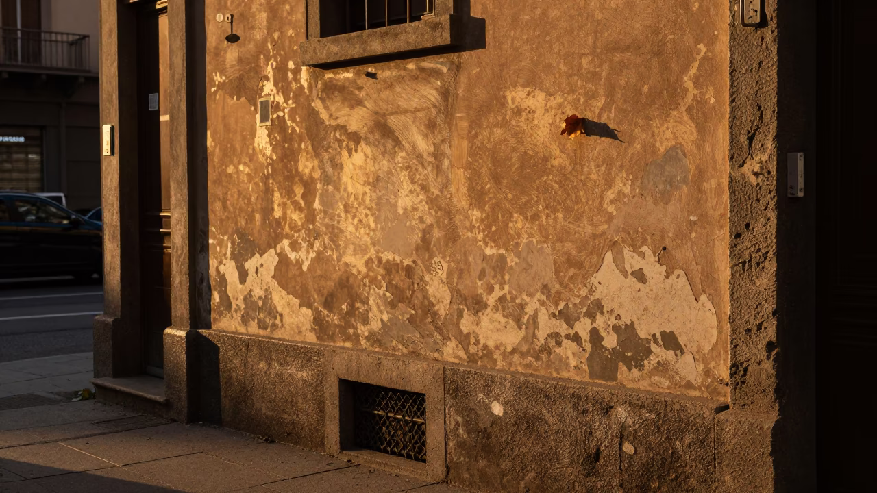 Milan Italy Golden Hour Street Scene with Dusty Plaster Walls and Leaf Shadows in in Milan, Italy