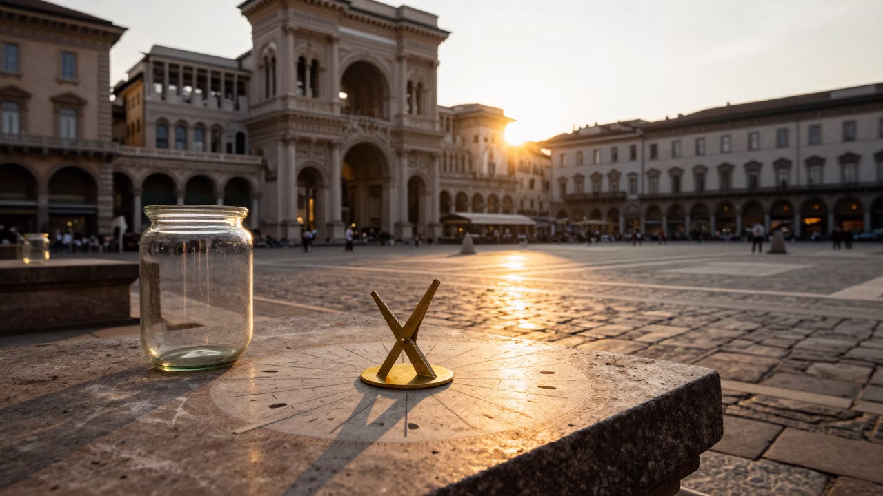 Milan Italy Golden Hour Street Scene with Sundial and Glass Jar on Cobblestone in in Milan, Italy