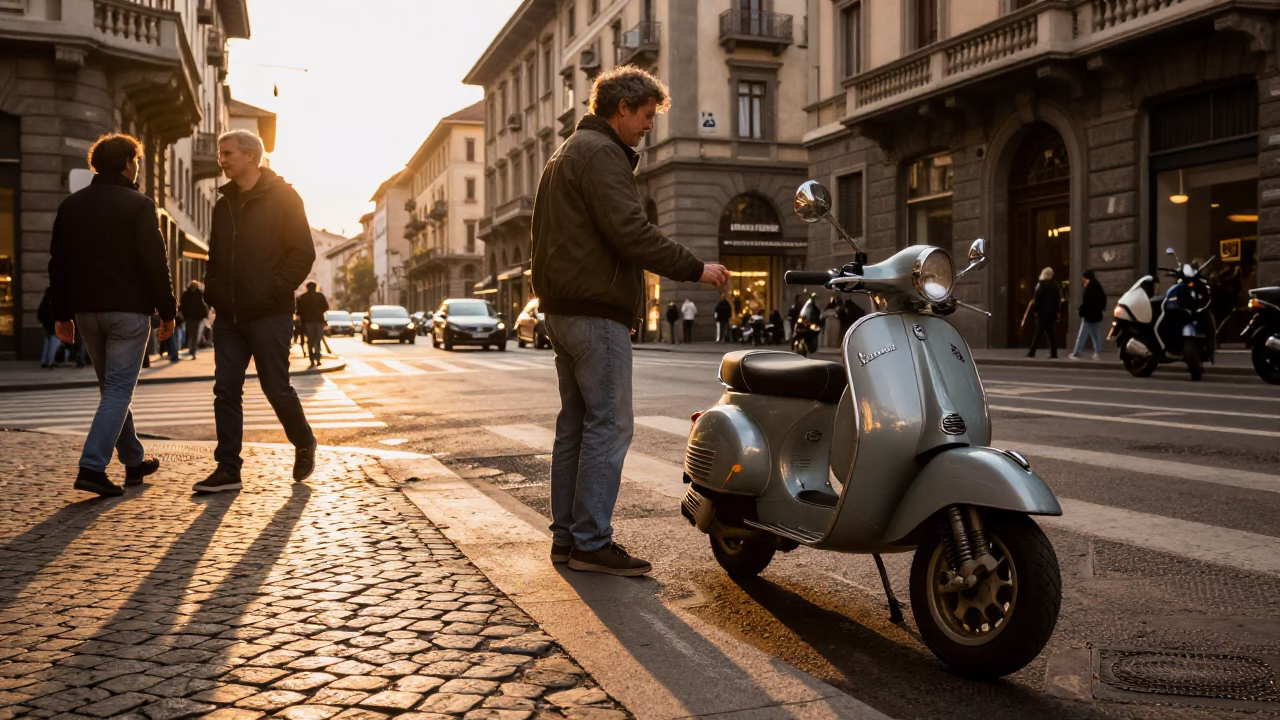 Milan Italy Golden Hour Street Scene with Vintage Scooter and Local Interaction in in Milan, Italy