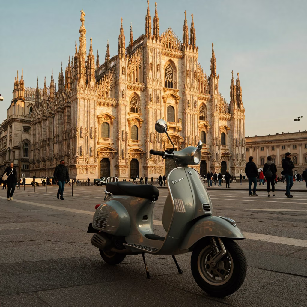 Milan Italy Golden Hour Street Scene with Vintage Scooter and Local Pedestrians in in Milan, Italy