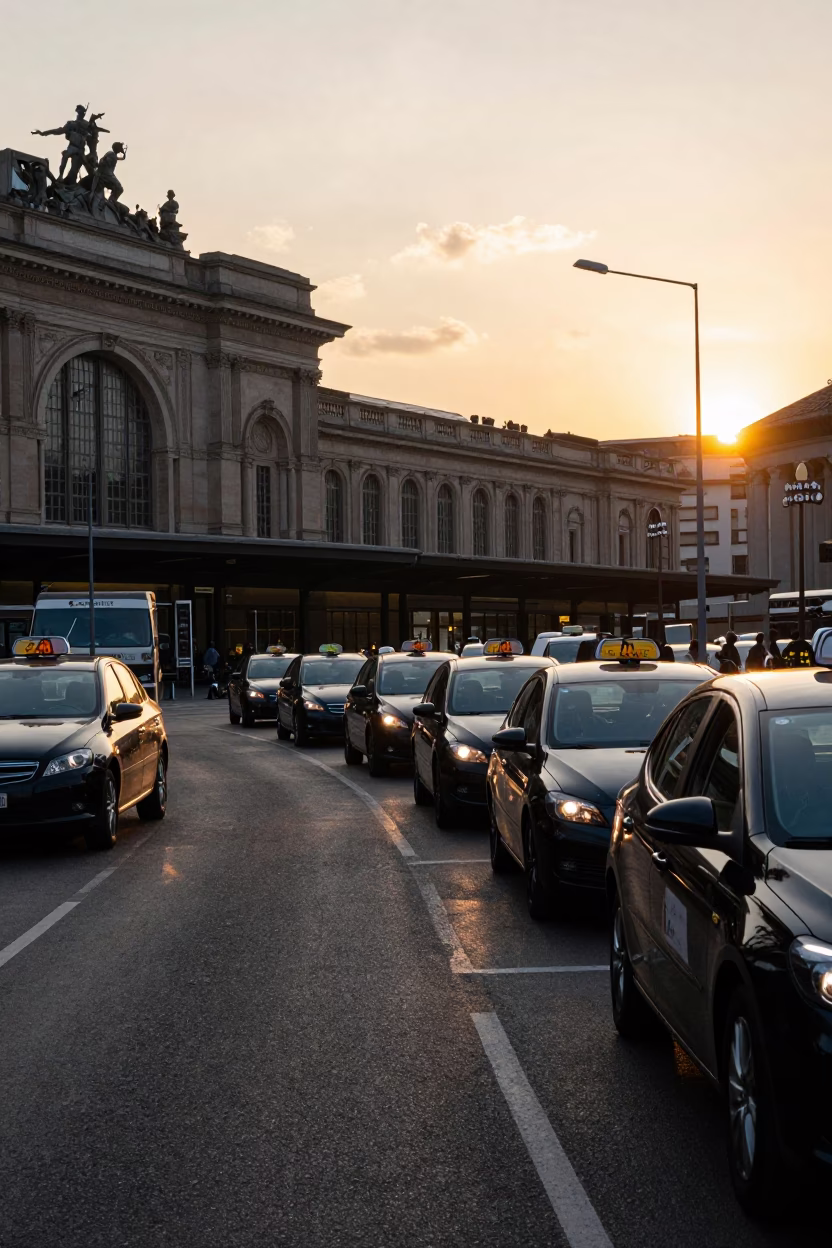 Milan Italy Golden Hour Taxi Rank Twilight Scene Outside Central Station in in Milan, Italy