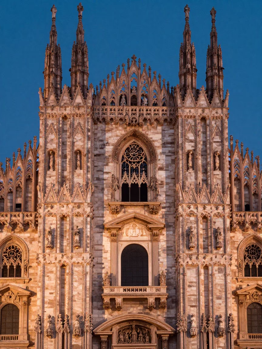 Milan Italy Gothic Rose Window Colored Light Stone Dusk in in Milan, Italy